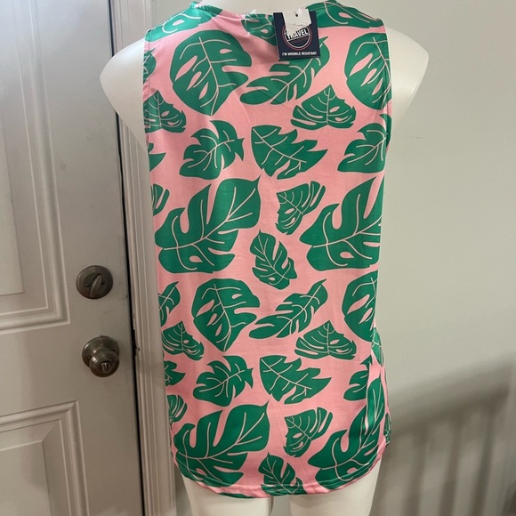 Tropical Leaf Print Pink and Green Women's Top - Picture 3 of 3